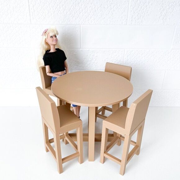 Miniature Barbie Bistro Table 4 Chairs 3D Printed Dollhouse Furniture Tan Wood - Picture 1 of 5